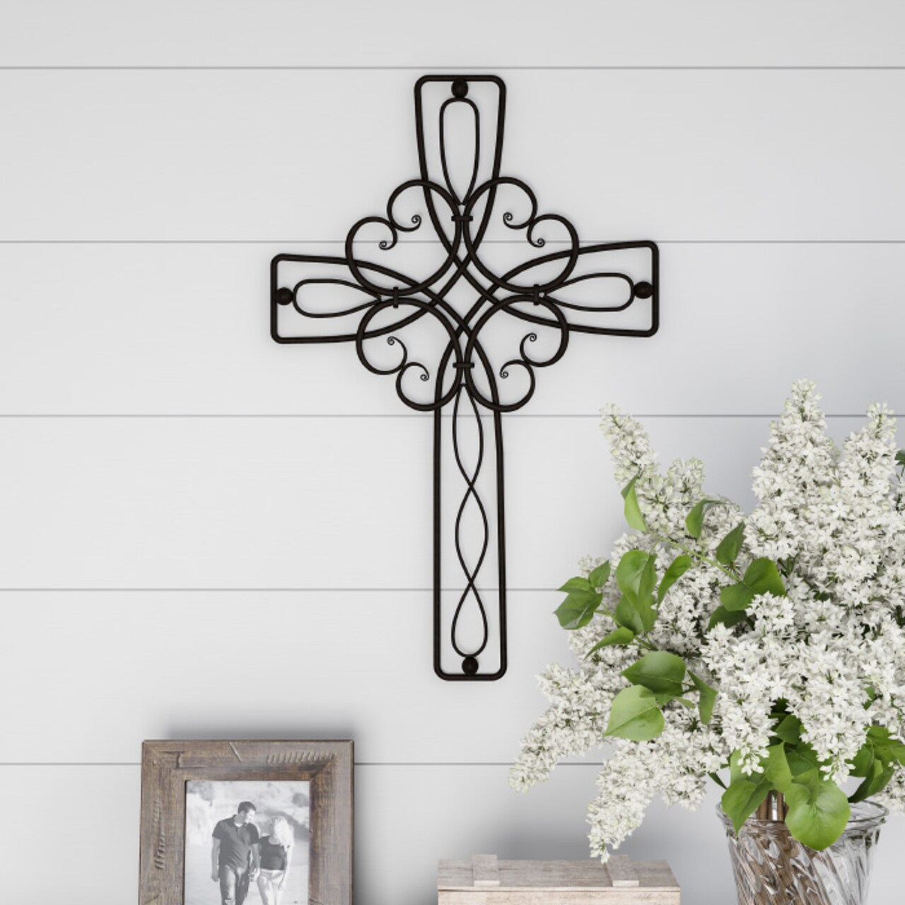 Lavish Home Metal Wall Cross with Decorative Floral Scroll Design- Rustic Handcrafted Religious Wall Art for Decor in Living Room
